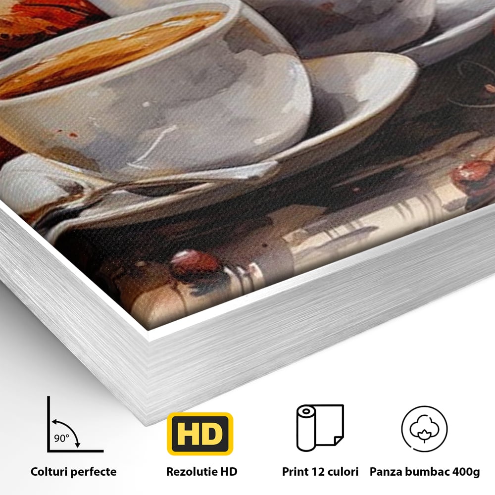 Detaliu al suprafetei: pictura cu doua cesti de cafea si frunze de toamna, in rama de aluminiu argintiu